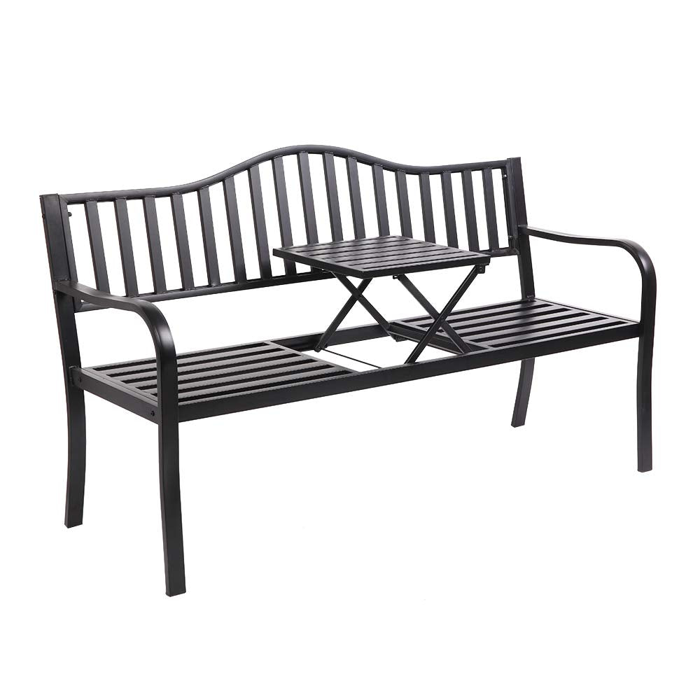 59" Outdoor Metal Bench Patio Bench with Built in Table Park Bench