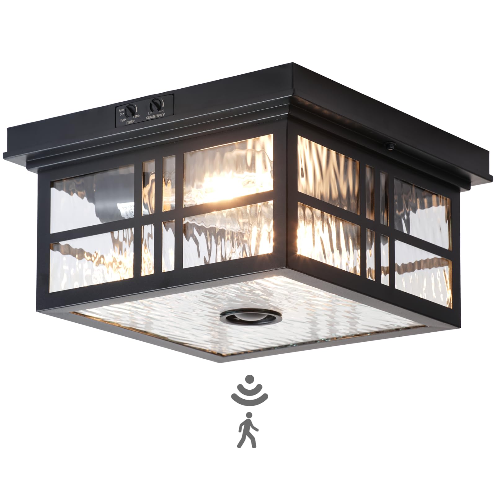 Motion Sensor Outdoor Flush Mount Ceiling Light, Water Ripple Glass Square Black