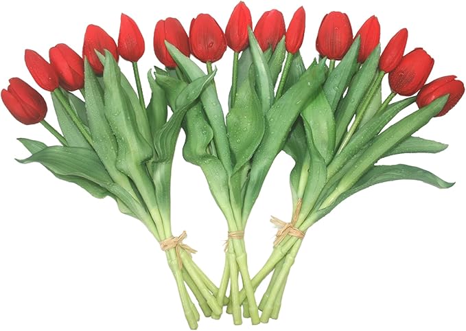 15pcs Artificial Tulips Flowers, Fake Tulips Real Touch, Faux Latex Bouquets