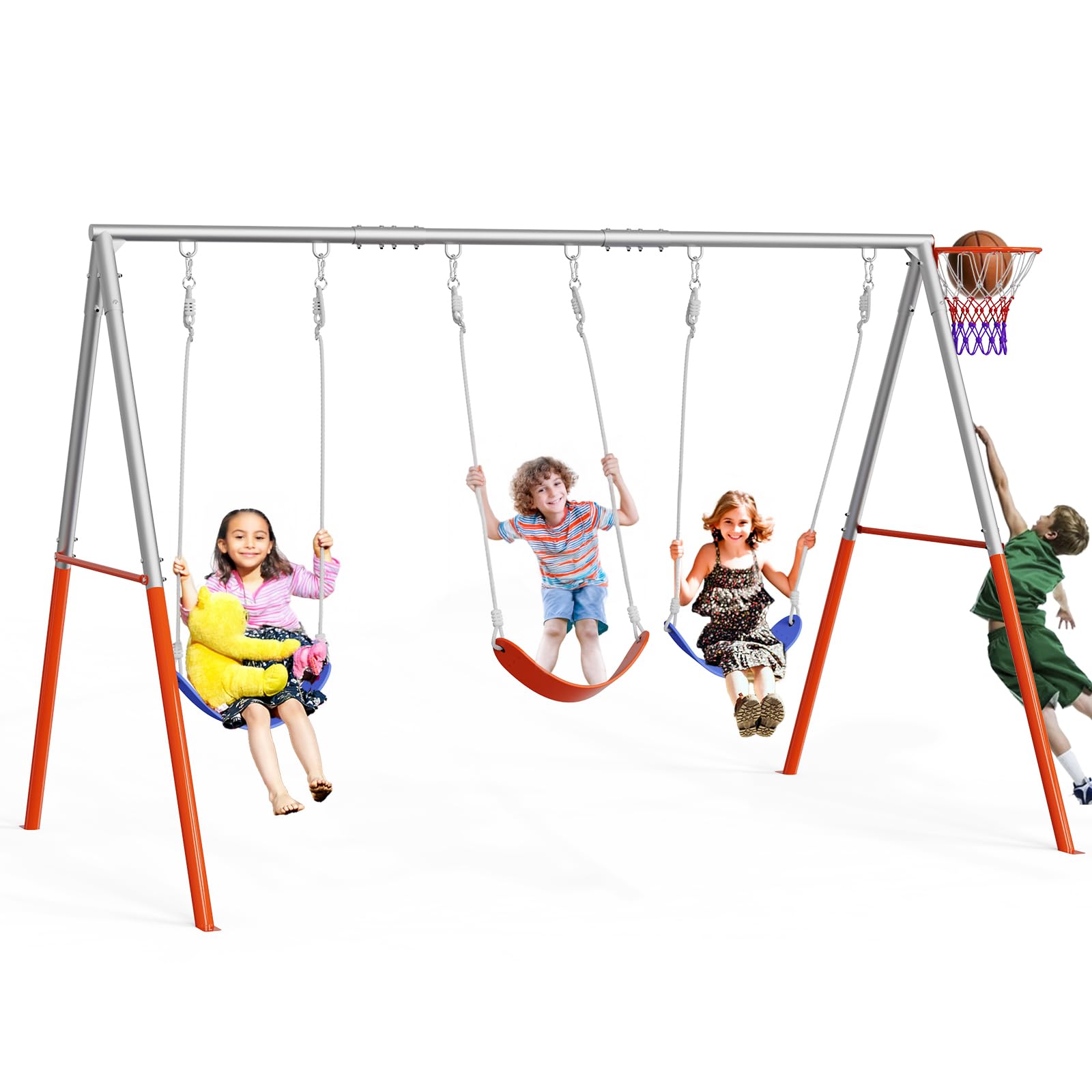 3-Seats Swing Sets for Backyard with Basketball-Hoop, Kids Metal Swing Sets
