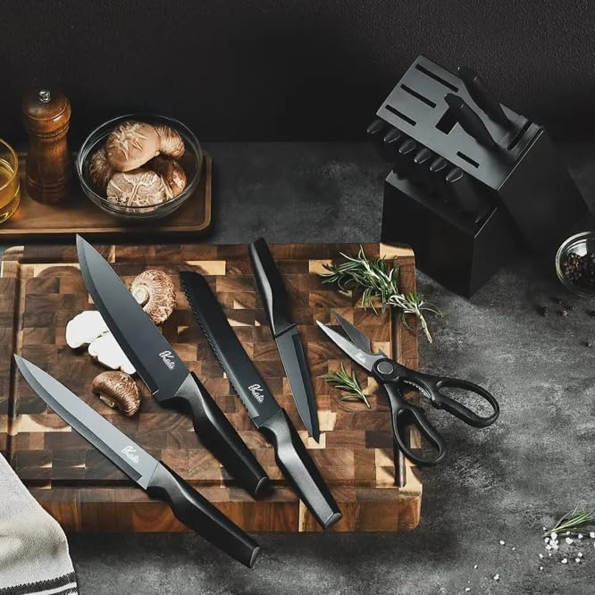 15-Piece Kitchen Knife Set with Block Sharpener, Dishwasher Safe, Black Anti-Slip Handles