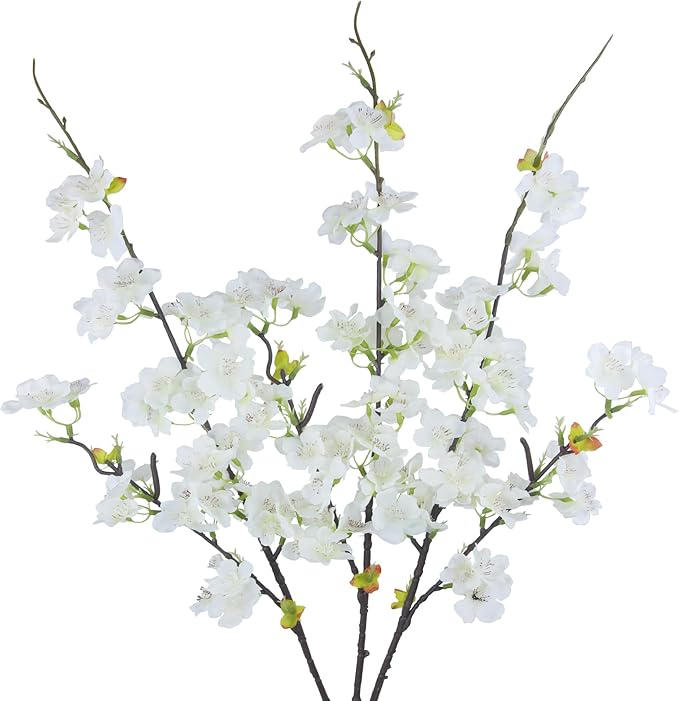 3 Pcs Artificial Cherry Blossom Branches Flowers White Silk Peach Flowers Bulk Faux