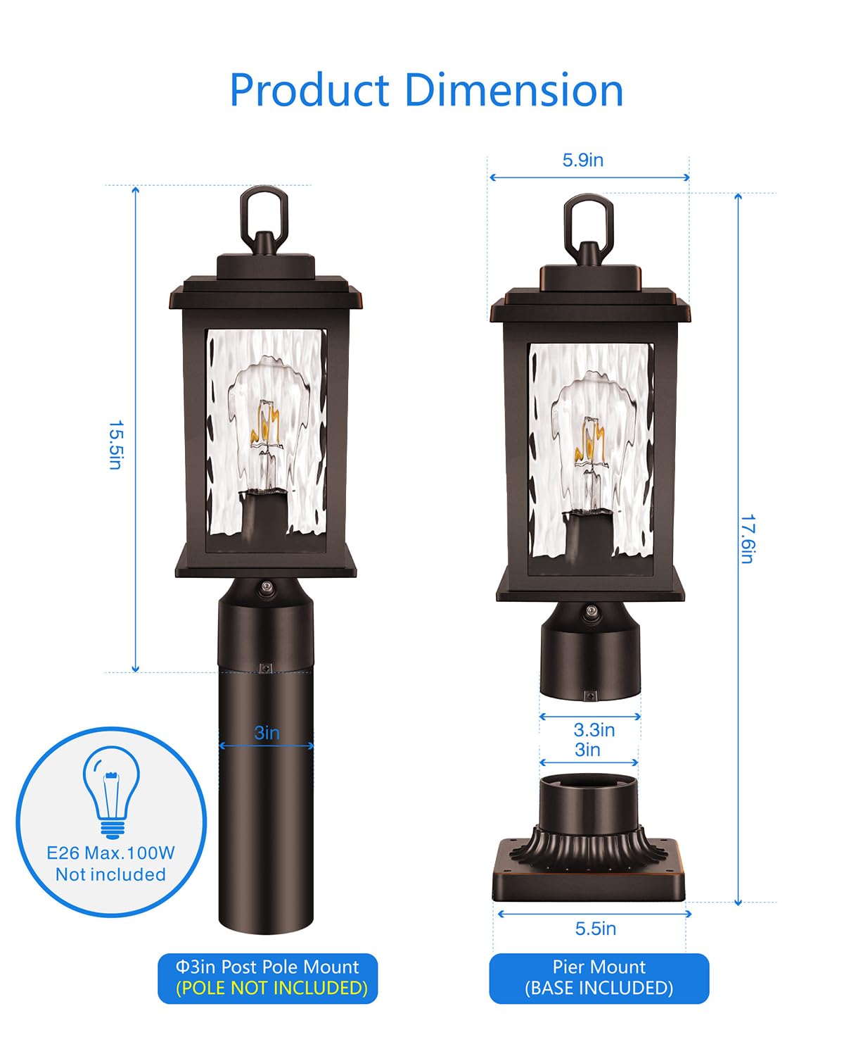 VIANIS Oil Rubbed Bronze Outdoor Post Lights 2 Pack, Dusk to Dawn Light Posts for Outside with Pier Mount Base, 100% Aluminum Body with Tempered Ripple Glass, ORB Column Mount Light(Hardwired 120V)