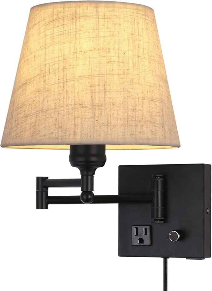 Wall Mount Light with Dimmable Switch, Swing Arm Fabric Shade Wall Sconce