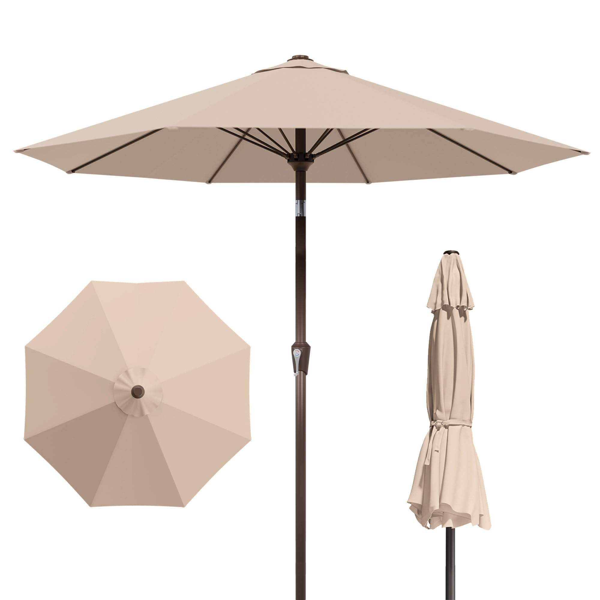9FT Patio Umbrella Outdoor with Auto-Tilt Crank & 8 Sturdy Fiberglass Ribs