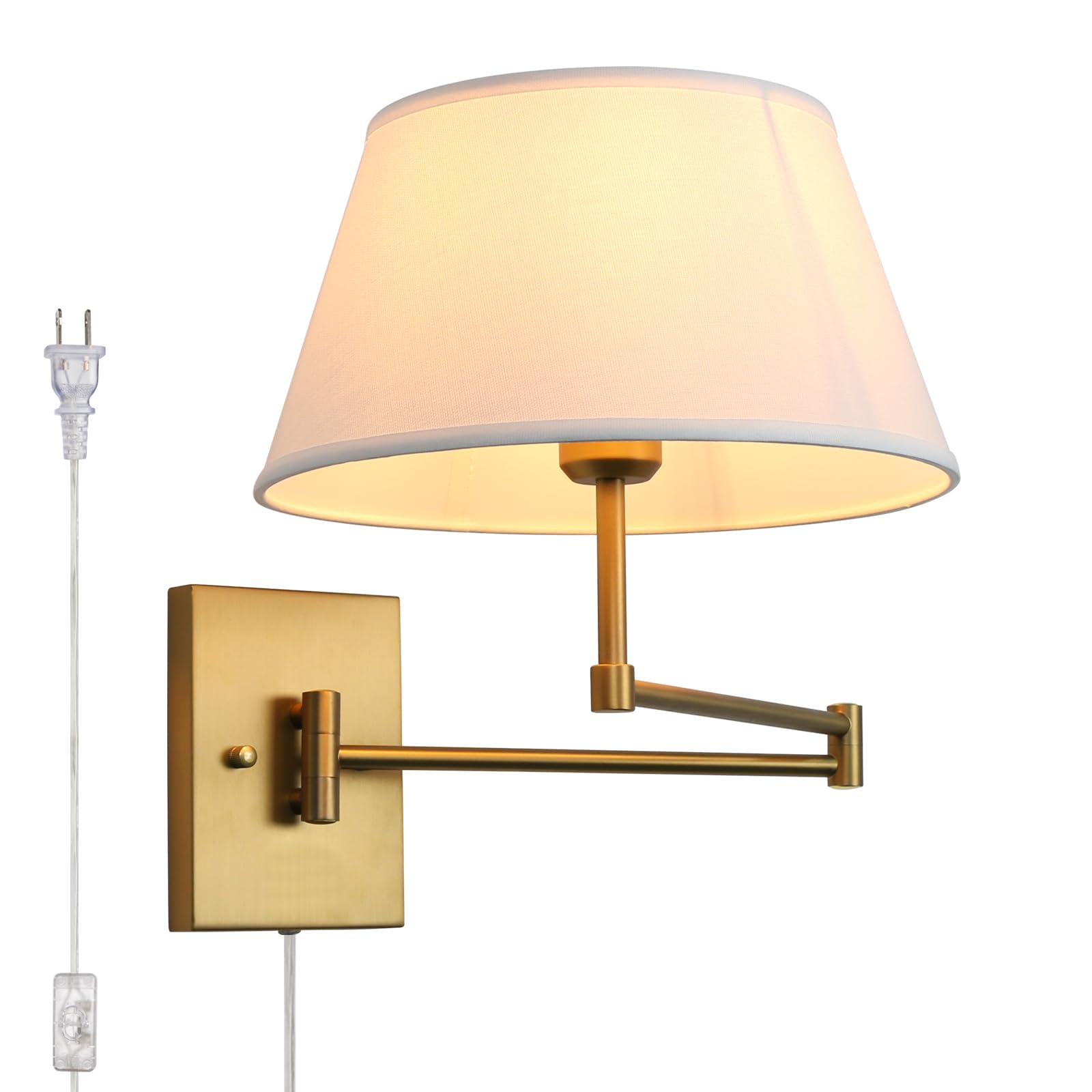 Cord Wall Sconce with White Fabric Shade, Indoor Swing Arm Wall Mounted Lamp