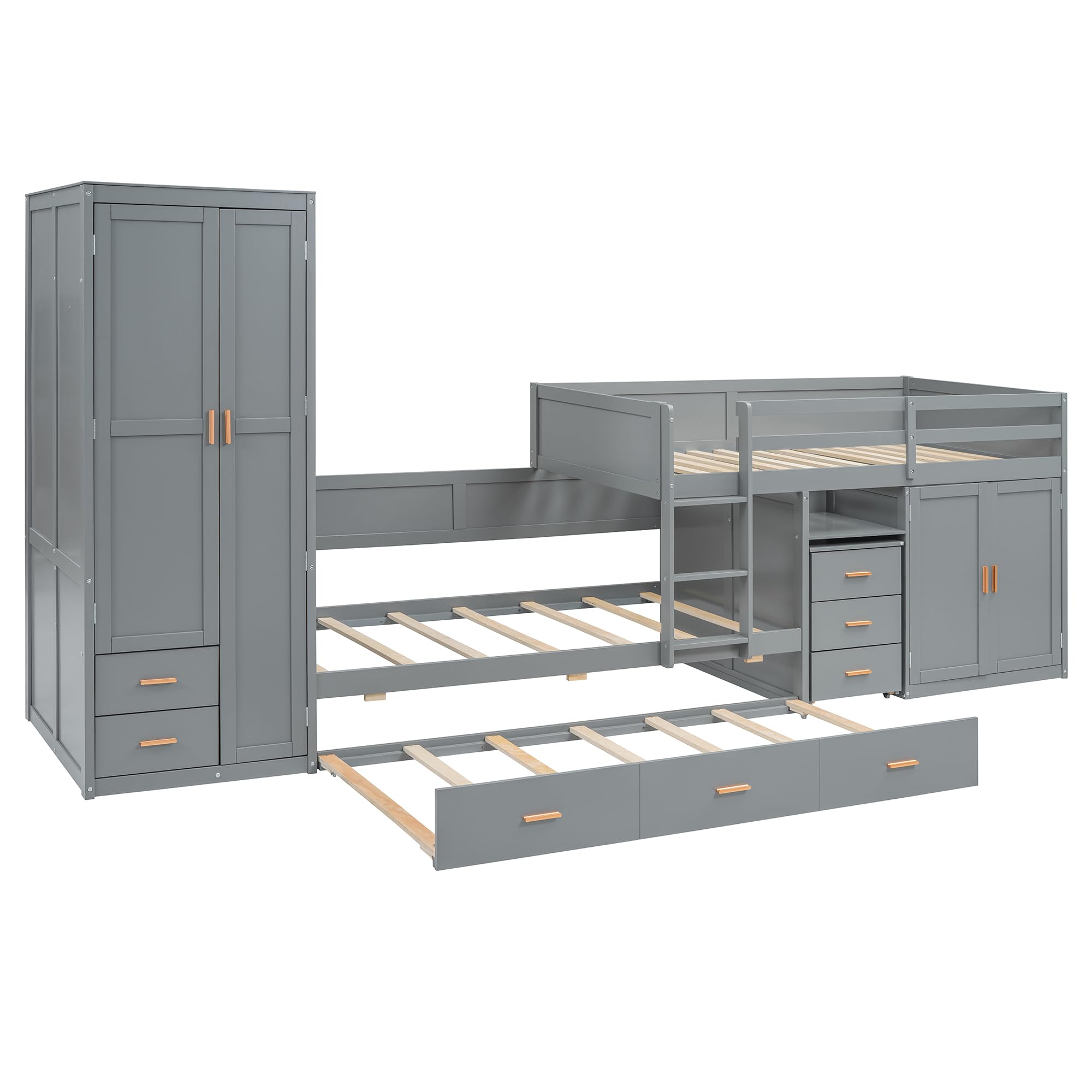 Twin Over Twin Bunk Bed with Wardrobe, Desk, Storage Cabinets and Drawers