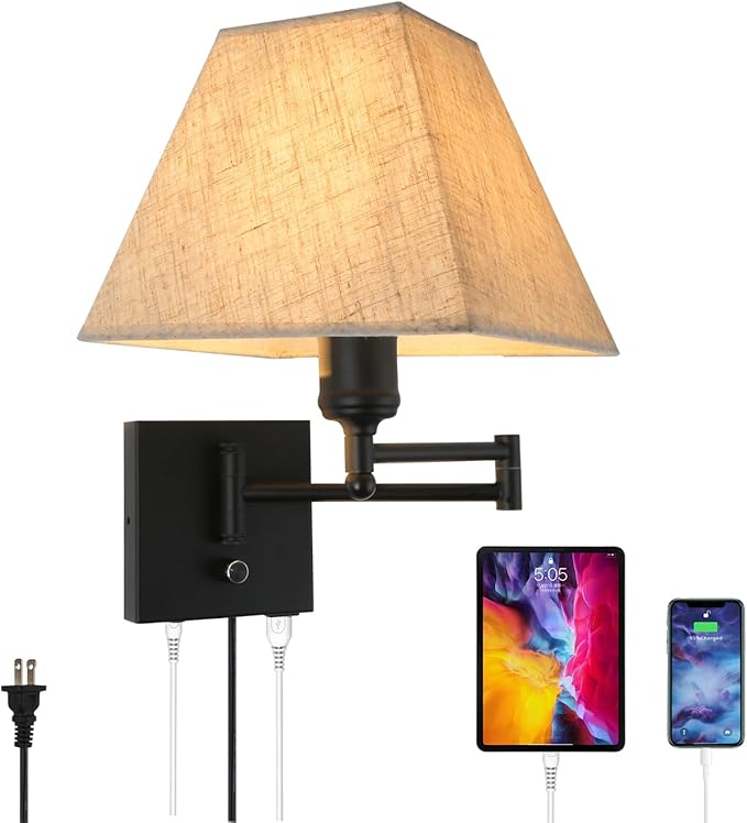 Plug in Wall Light,Swing Arm Wall Sconces with USB Port and Outlet
