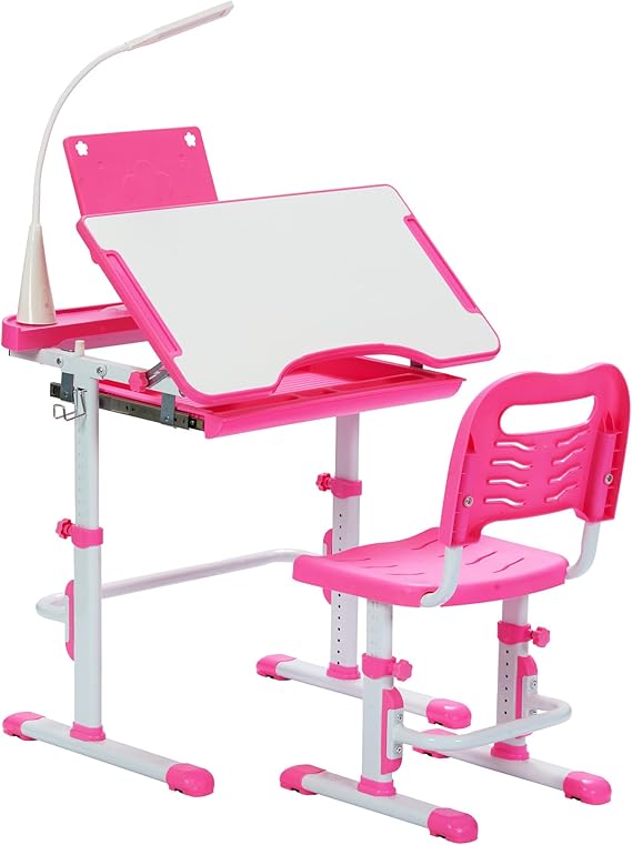 Kids Desk and Chair Set, Height Adjustable Child's School Study Writing Tables