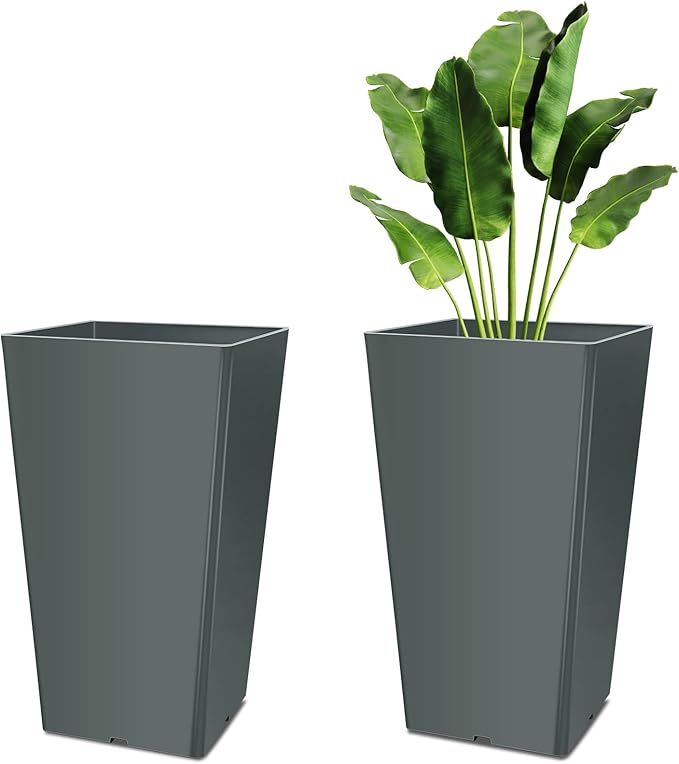 Set of 2 16 Inch Large Taper Planters Outdoor Indoor Tall Resin Flower Pots with Drainage