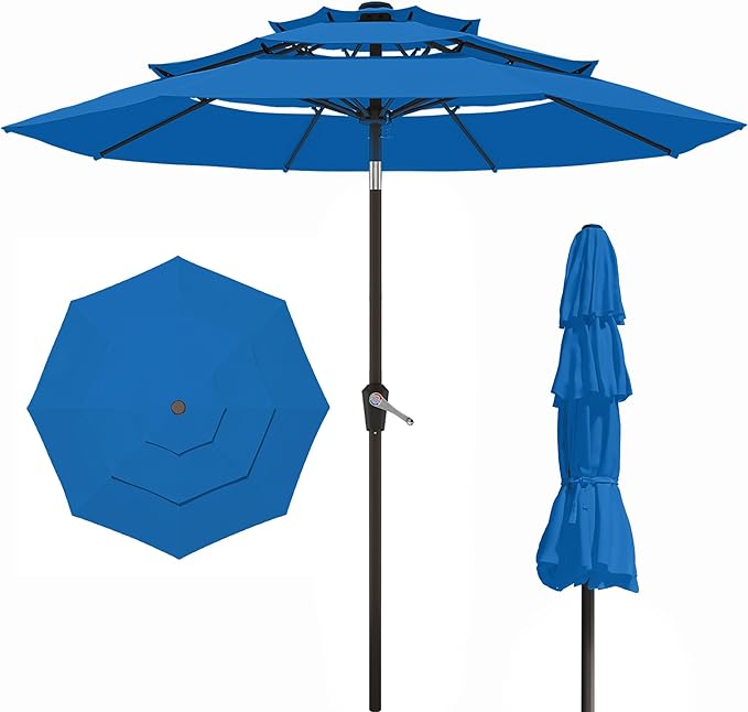 9FT 3 Tiers Patio Umbrella,Outdoor Table Market Umbrella with 8 Fiberglass Ribs for Pool