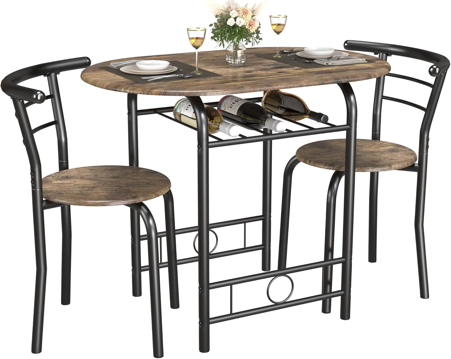 3-Piece Wooden Round Table & Chair Set, Space Saving Kitchen Breakfast Nook Wood