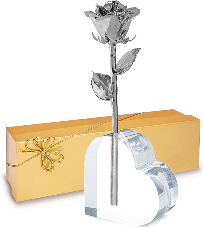 Real Rose Dipped in Platinum, Handcrafted Preserved Rose in Clear Glass Bud Vase