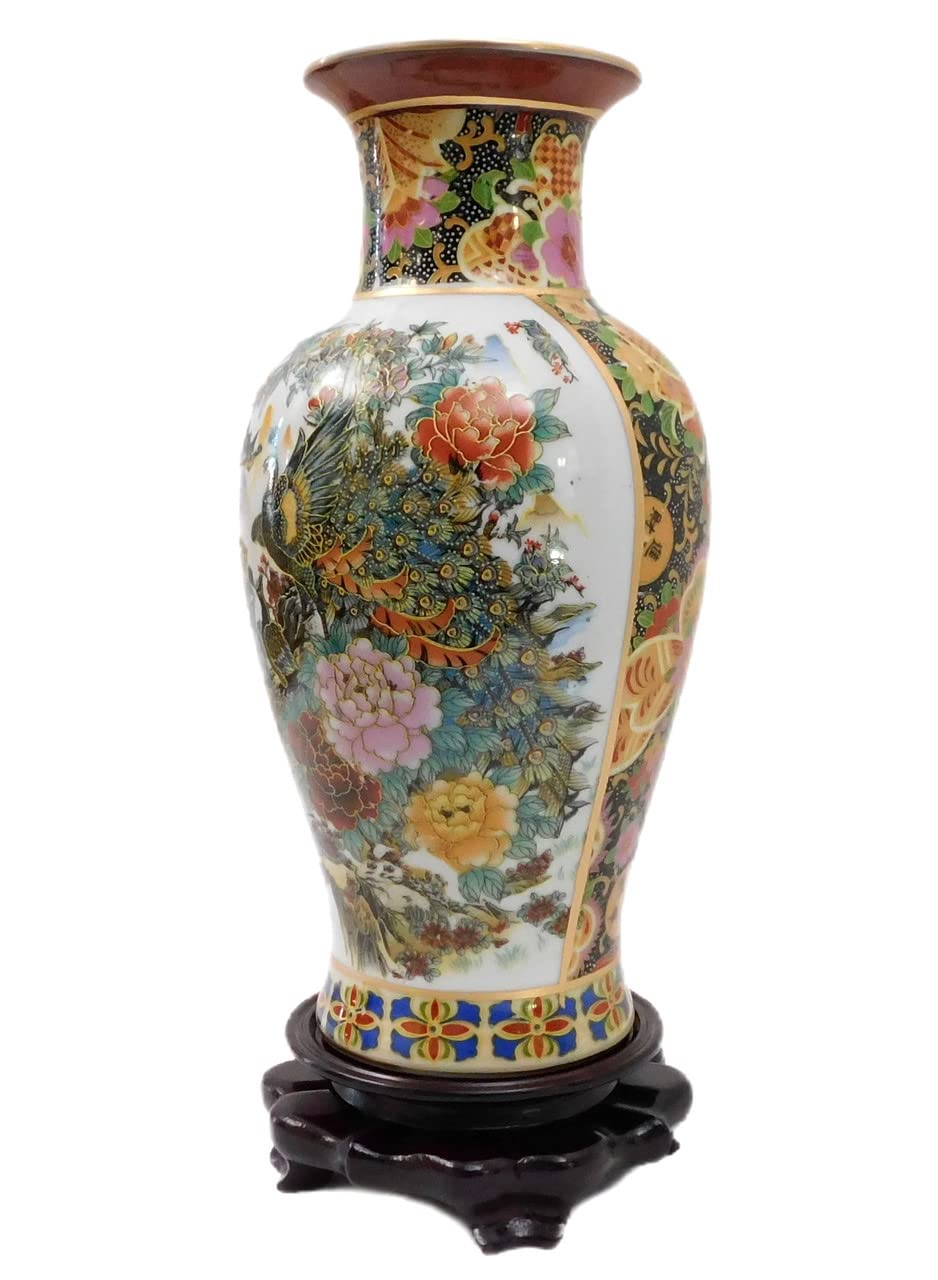 Vase with Peacock and Geisha Design 12" H