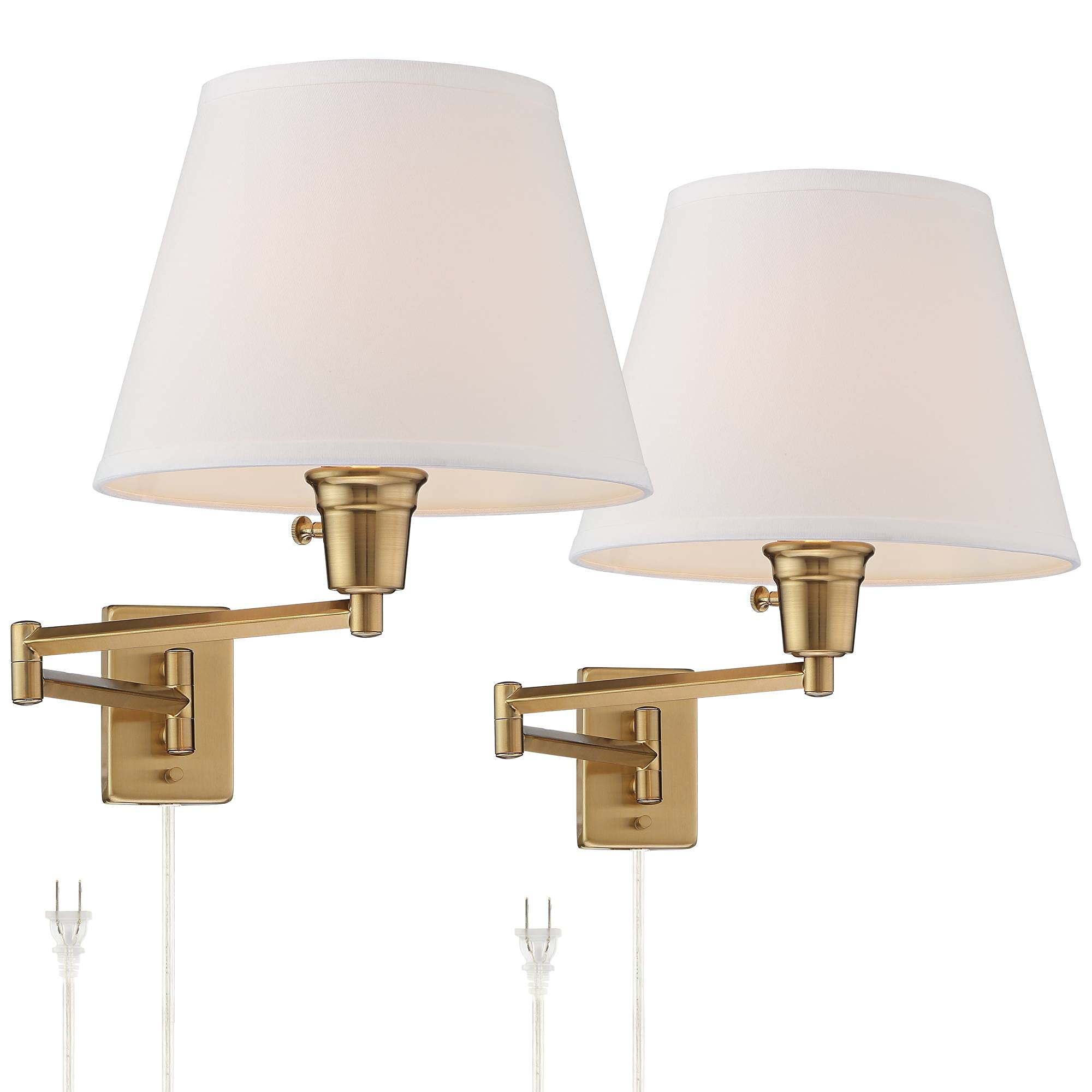 t Modern Swing Arm Wall Lamps Set of 2 Warm Gold Plug-in Light Fixture White Linen