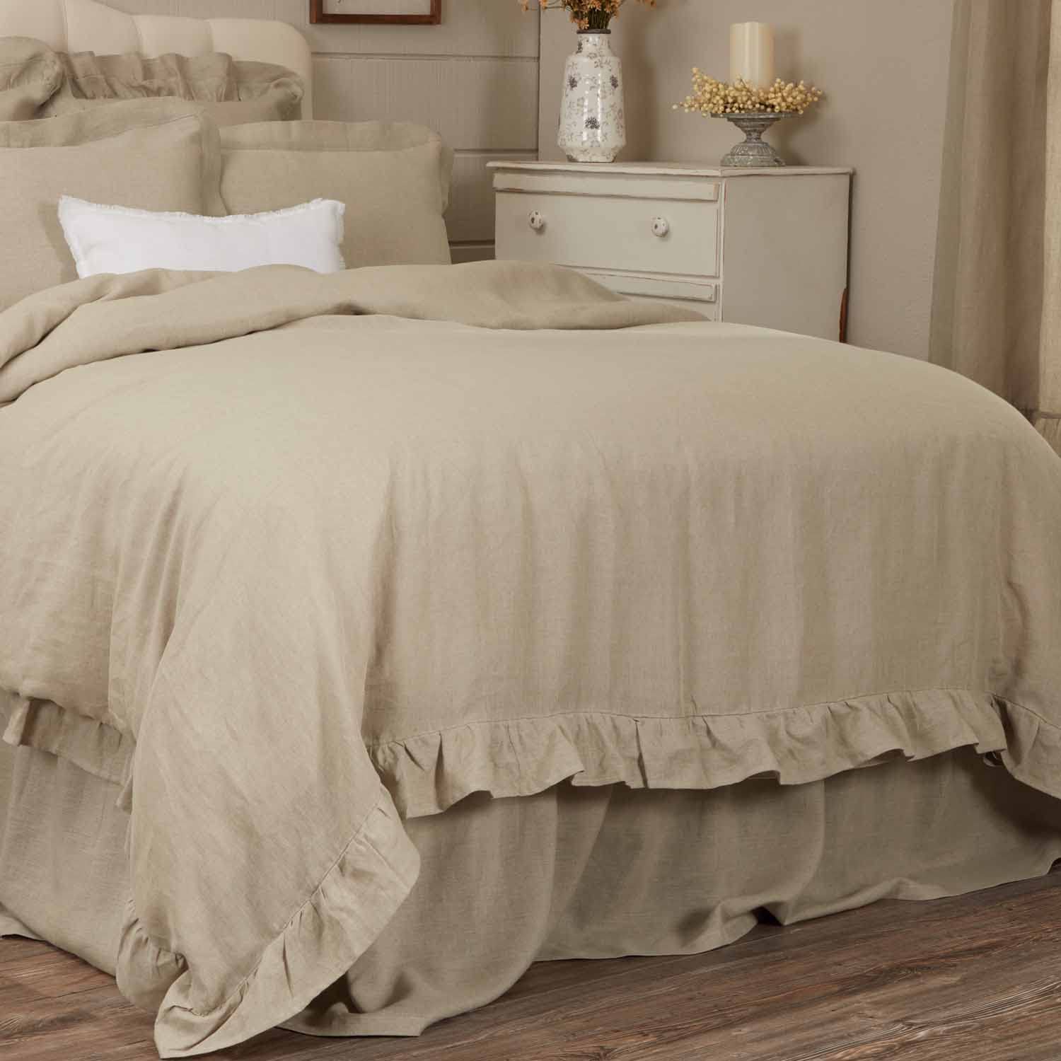 Provincial Linen Natural Beige King Ruffled Bed Skirt with 21" Drop and Split Corners