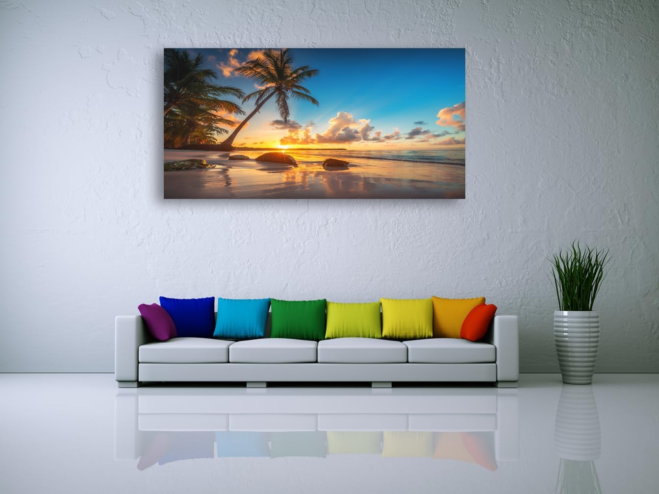Wall Art Canvas Painting Sunset on a Tropical Beach with Palm Trees 1 Piece Blue