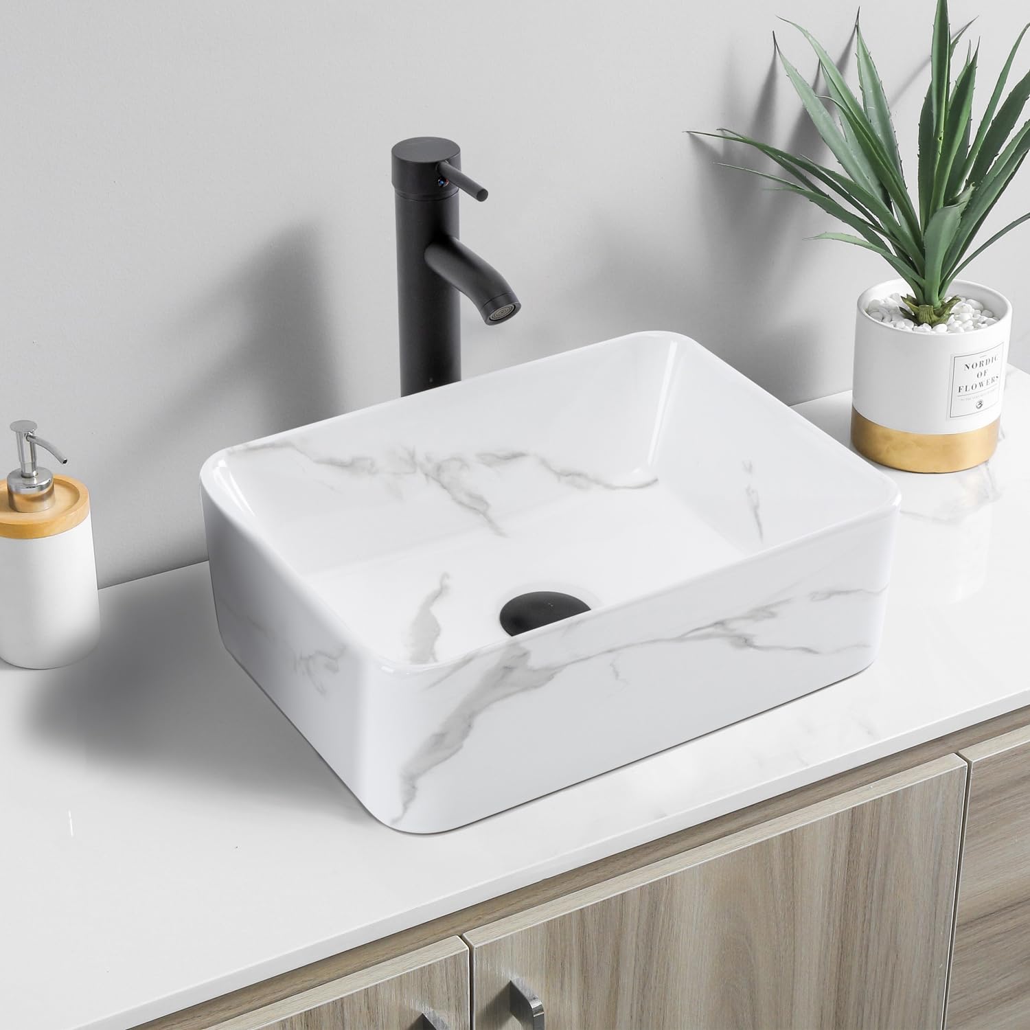 Rectangular Bathroom Sink 16" x 12" Marbling Above Counter Porcelain Ceramic Vessel