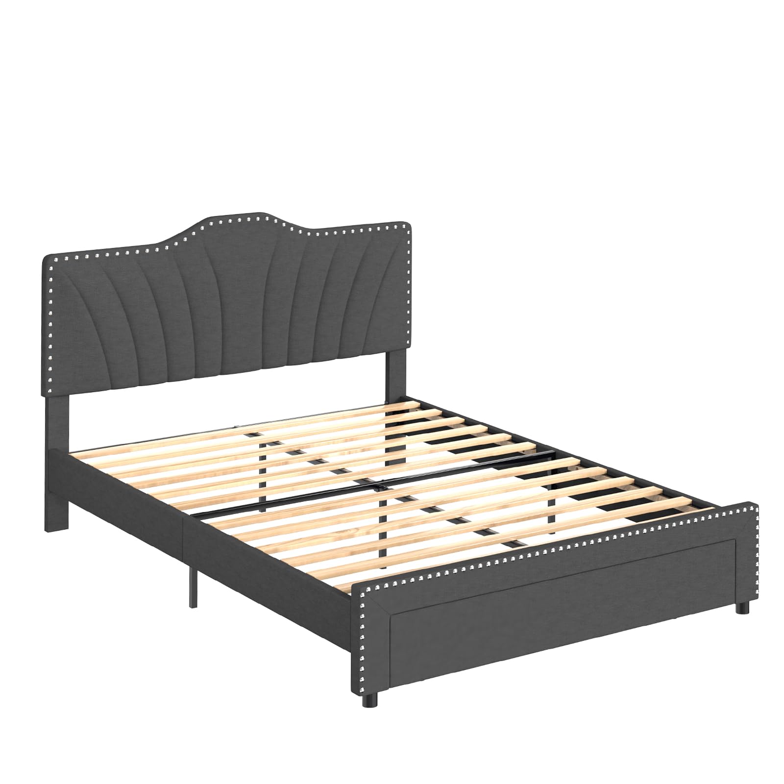 Queen Size Platform Bed Frame with Storage, Fully Upholstered Headboard and Footboard
