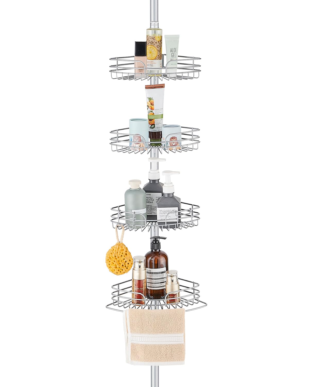 Grey Shower Caddy Tension Pole for Bathroom, Stainless Steel Corner Shower Caddy