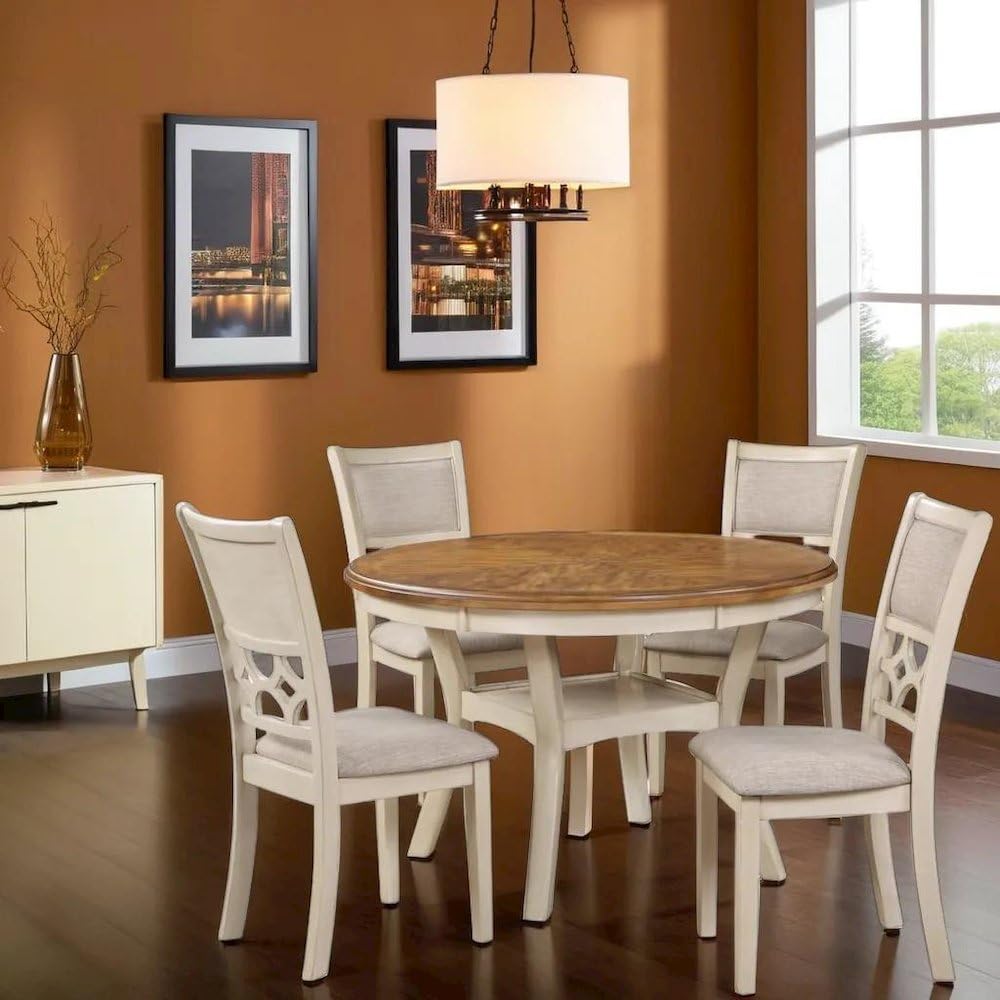 5-Piece Solid Wood Dining Set in Brown and White for Modern