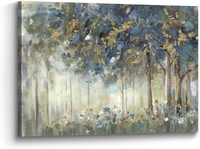 Tree Framed Wall Art Canvas: Landscape Painting Nature Picture Hand Painted Forest