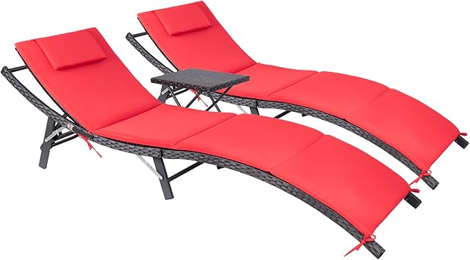 Chaise Lounge Sets Outdoor Rattan Adjustable Back 3 Pieces Cushioned Patio