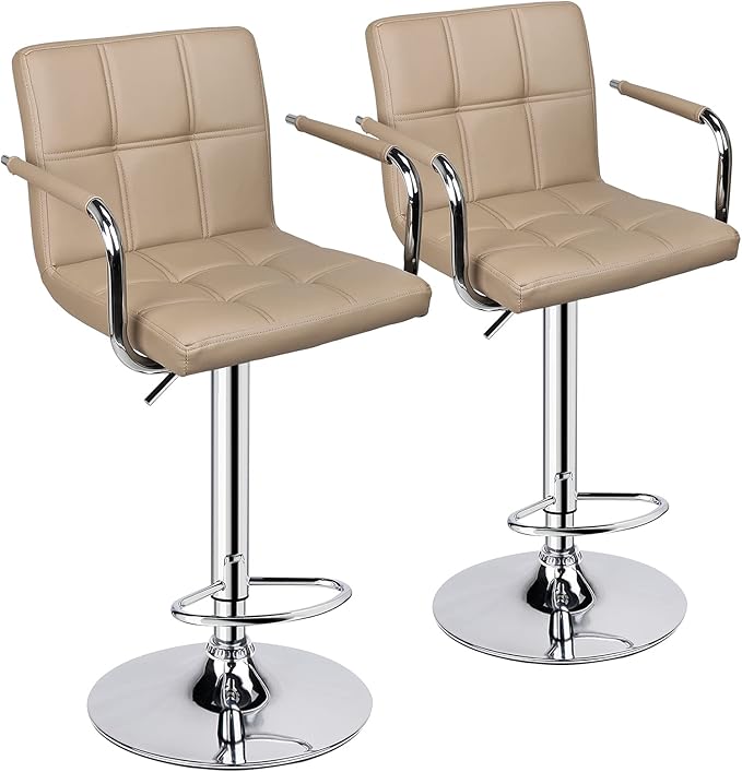 Adjustable Bar Stools with Armrest, Square Back Swivel Double Stitching