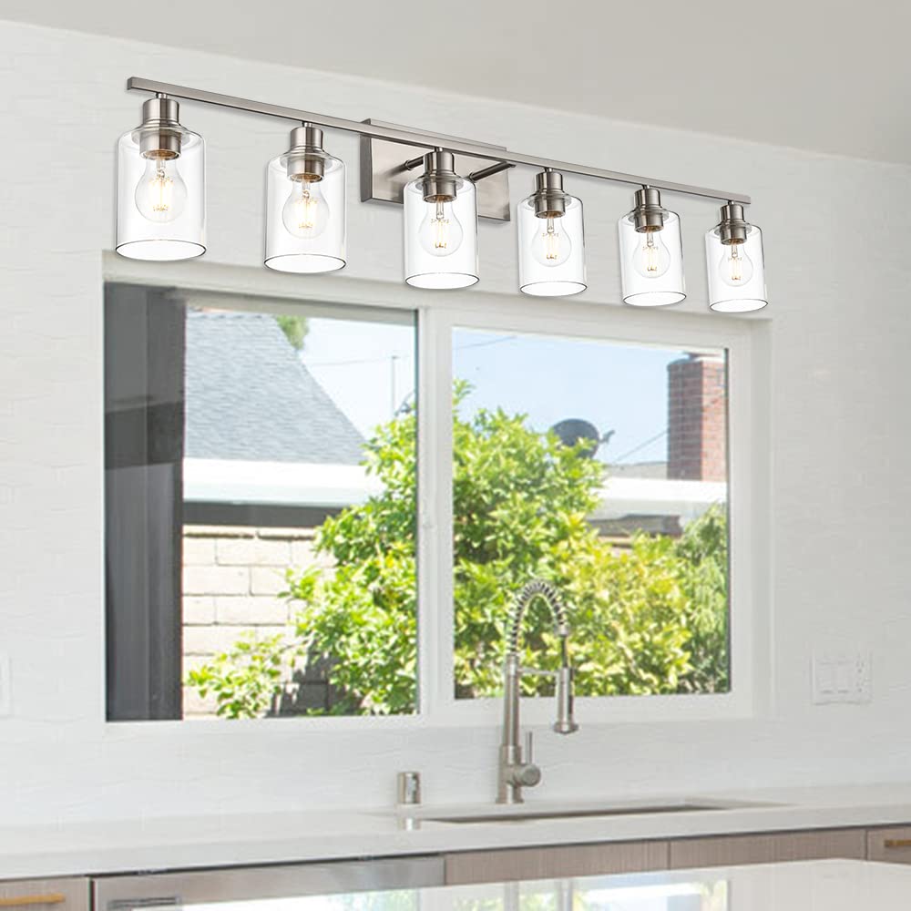 6 Light Brushed Nickel Wall Lighting with Seeded Glass Shade,Contemporary Bathroom Light