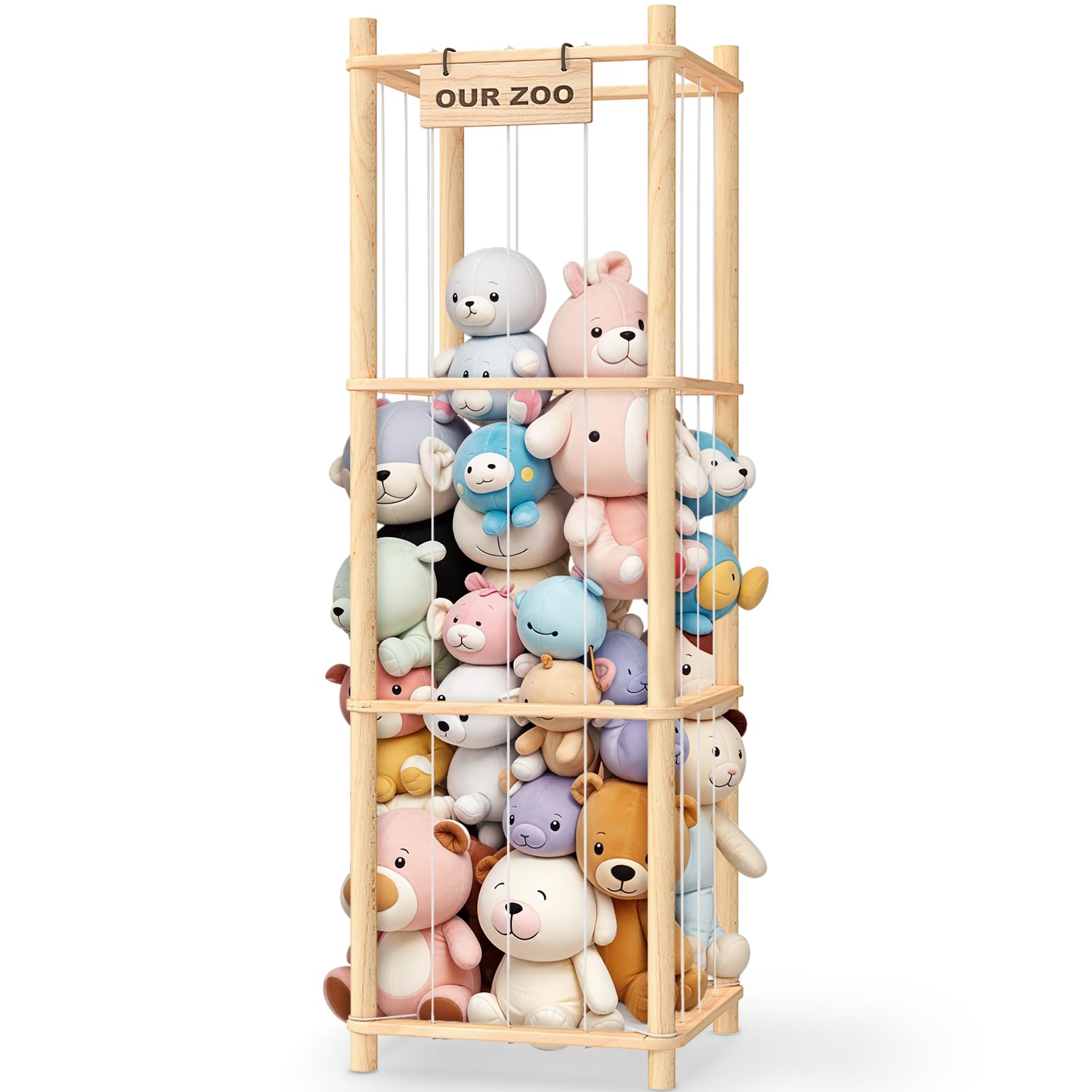 Stuffed Animal Storage & Organizer, Wooden Cute Zoo Toy Holder for Toddler Rooms