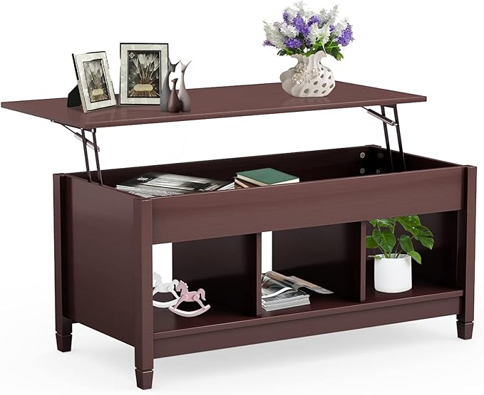 Lift Top Coffee Table, with Hidden Storage Compartment & 3 Open Shelves, Rectangular