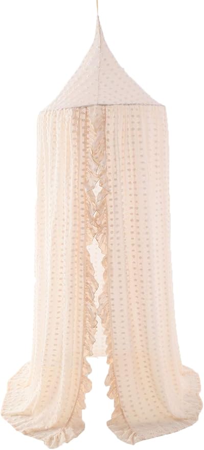 Elegant Kids Bed Canopy - Lace Chiffon Netting with Pom Pom, Princess Girls Fairy Dream