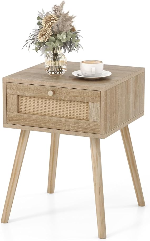 Boho Rattan Nightstand Set of 2, Mid Century Wood Night Stands with Rattan Weaving