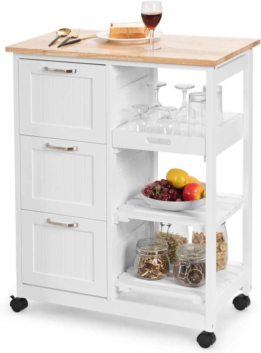 Kitchen Island Cart, Home Bar Serving Cart, Kitchen Trolley with 3 Large Drawers