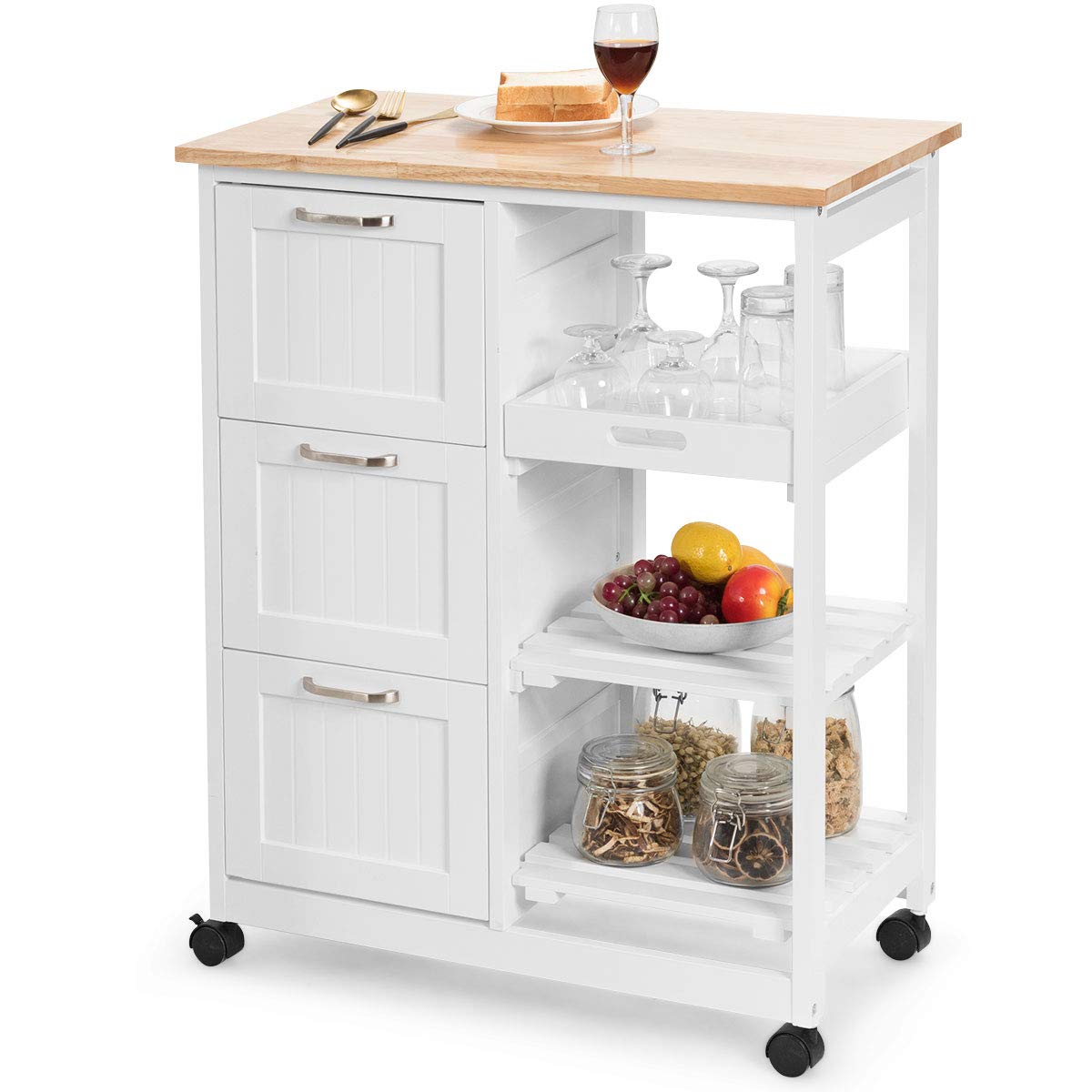 Kitchen Island Cart, Home Bar Serving Cart, Kitchen Trolley with 3 Large Drawers