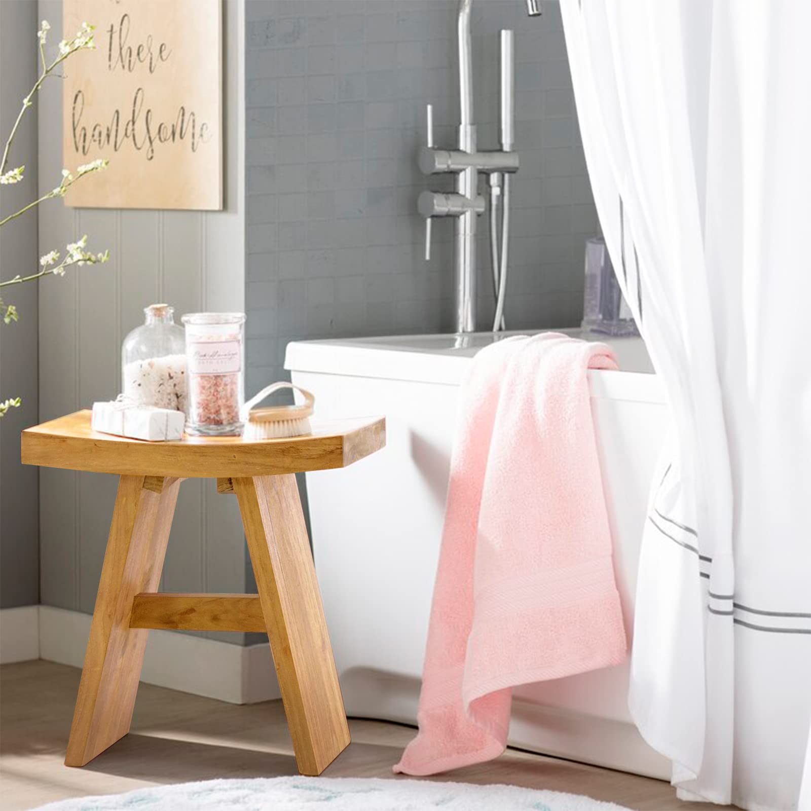 LINKLIFE Teak Shower Stool - 18" Teak Shower Bench Bathroom Seat Wooden Natural, Fully Assembled