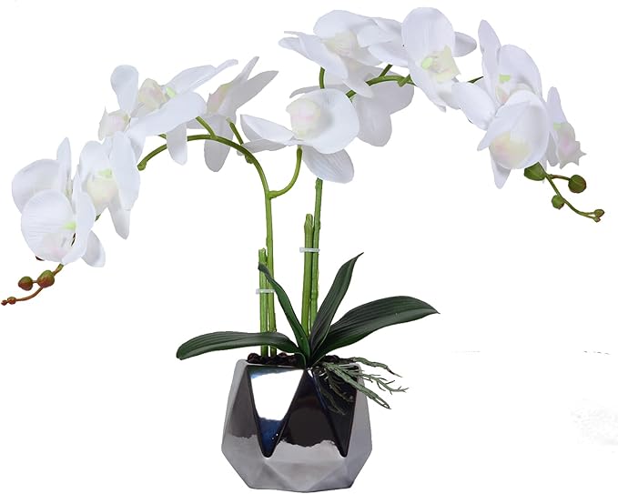 Artificial Orchid Plants & Flowers Arrangement in Ceramic Pot, Fake Faux White Orchid