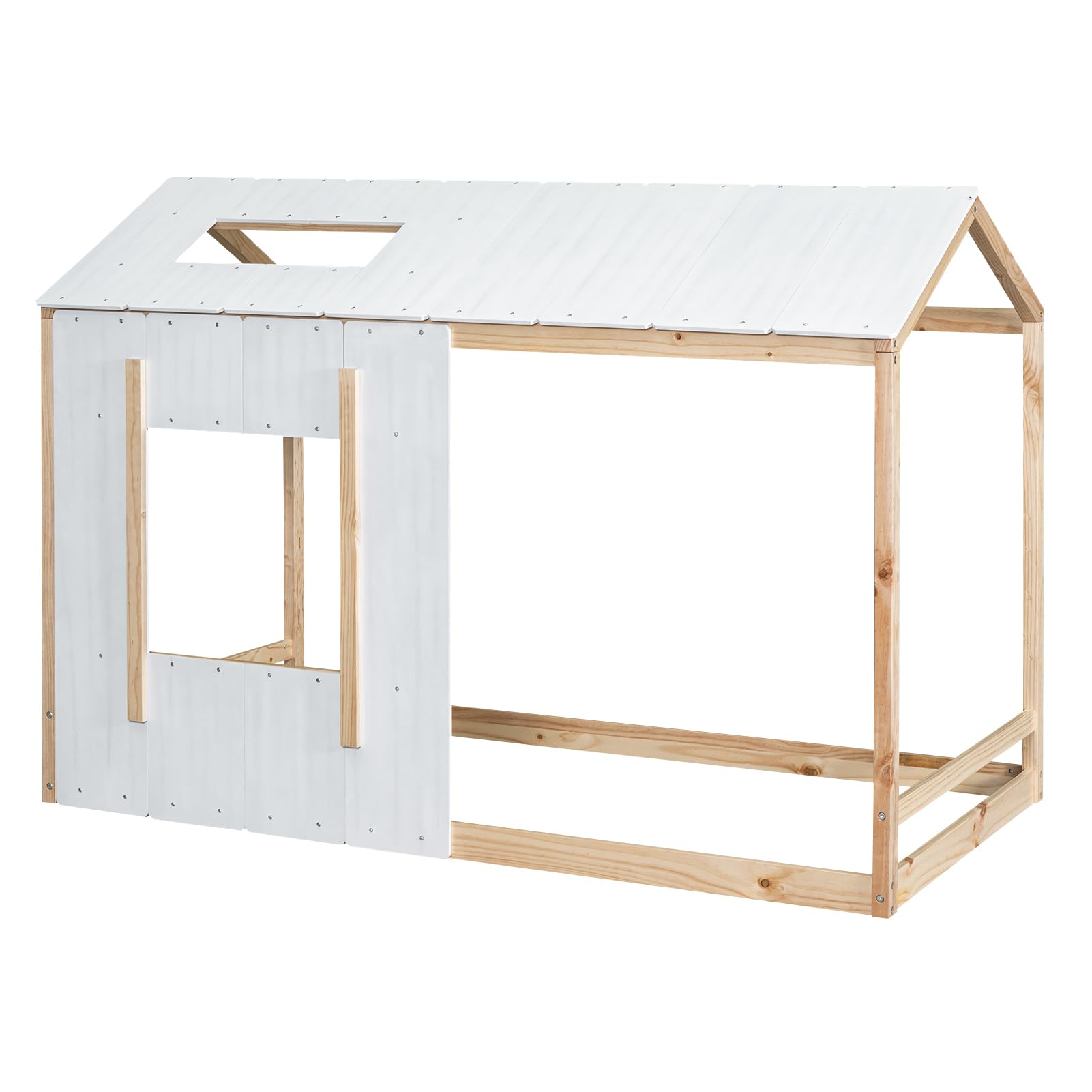 Bed Frame, Twin Size House Floor Bed Frame with Headboard, Roof and Window,