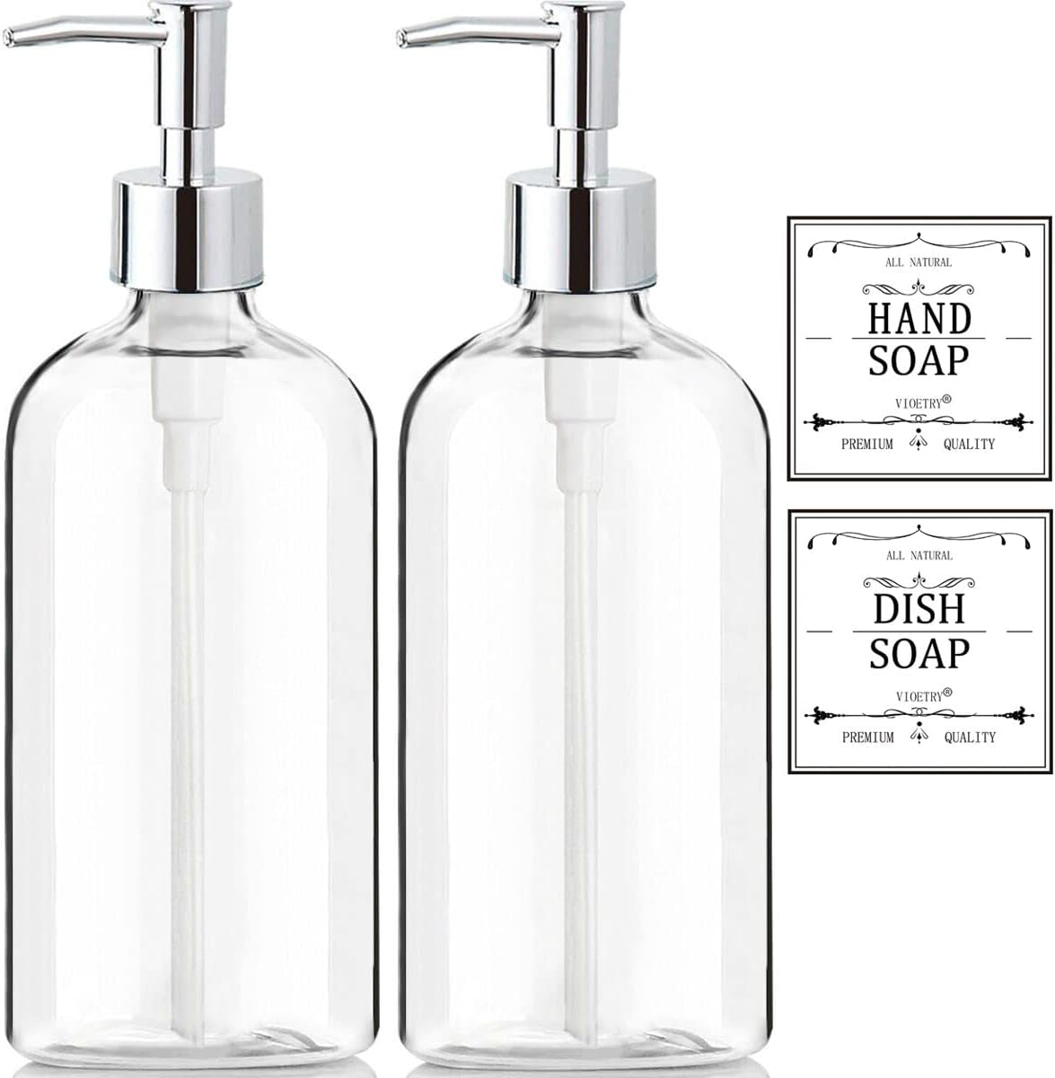 Clear Soap Dispenser with Rust Proof Pump, Waterproof Labels (2 Pack,16 Oz)