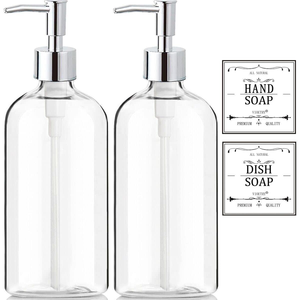 Clear Soap Dispenser with Rust Proof Pump, Waterproof Labels (2 Pack,16 Oz)
