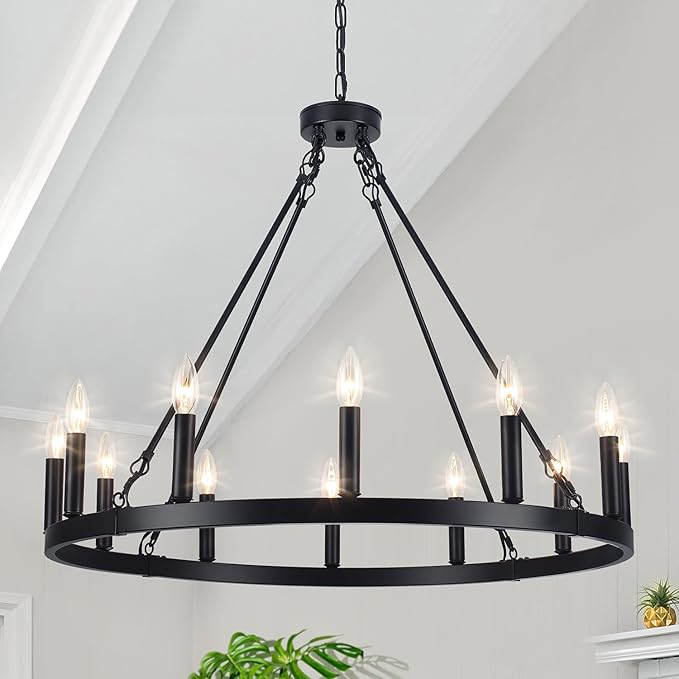 8-Light Wagon Wheel Chandelier, Black Farmhouse Chandelier for Dining Room