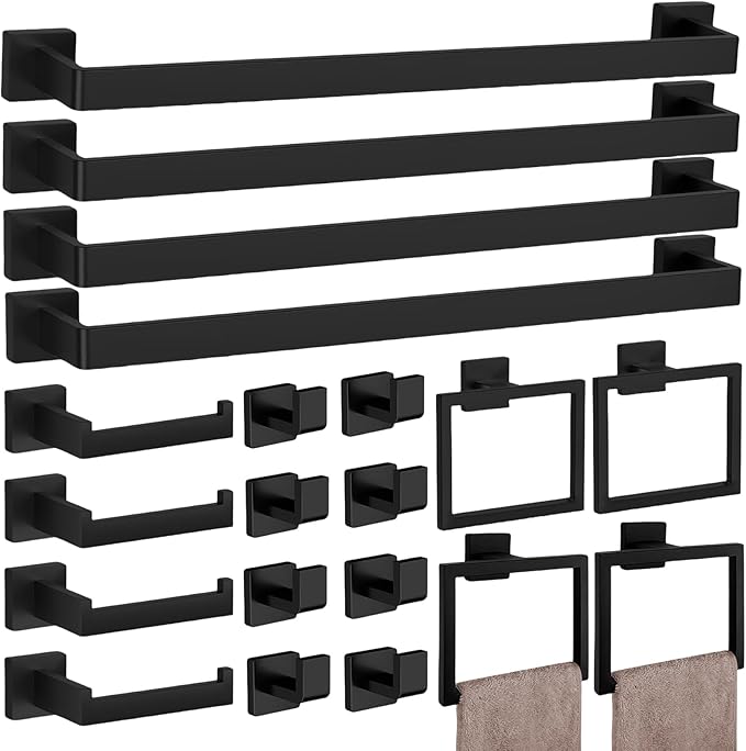 15-Pieces Matte Black Bathroom Accessories Set, 23.6 Inch Bath Towel Bar Set