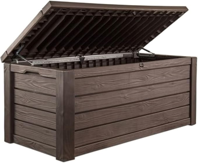 Outdoor Storage Deck Box, 150 Gallon Resin Patio Bin & Bench, Wood Grain, Brown