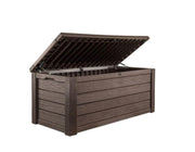 Outdoor Storage Deck Box, 150 Gallon Resin Patio Bin & Bench, Wood Grain, Brown