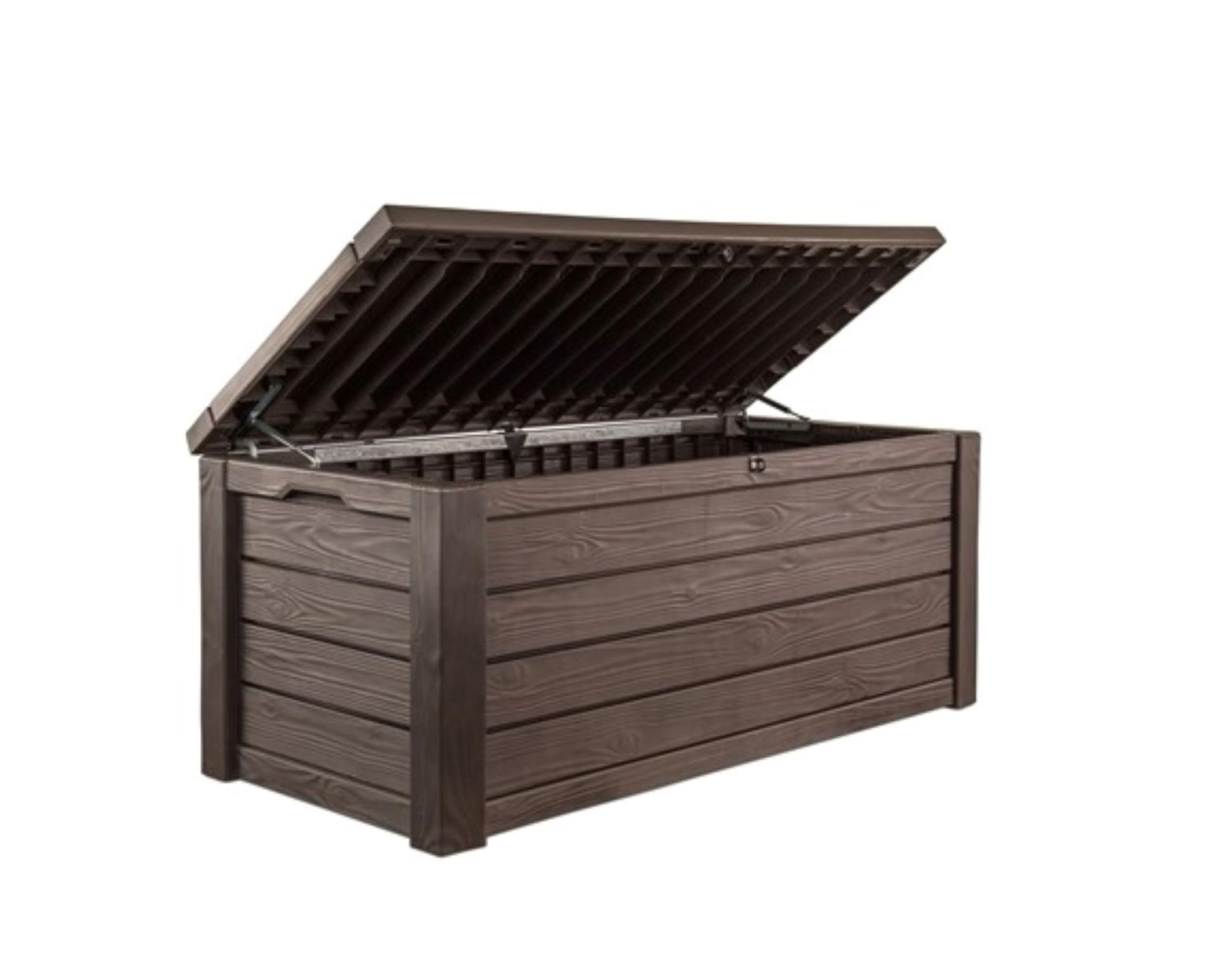 Outdoor Storage Deck Box, 150 Gallon Resin Patio Bin & Bench, Wood Grain, Brown