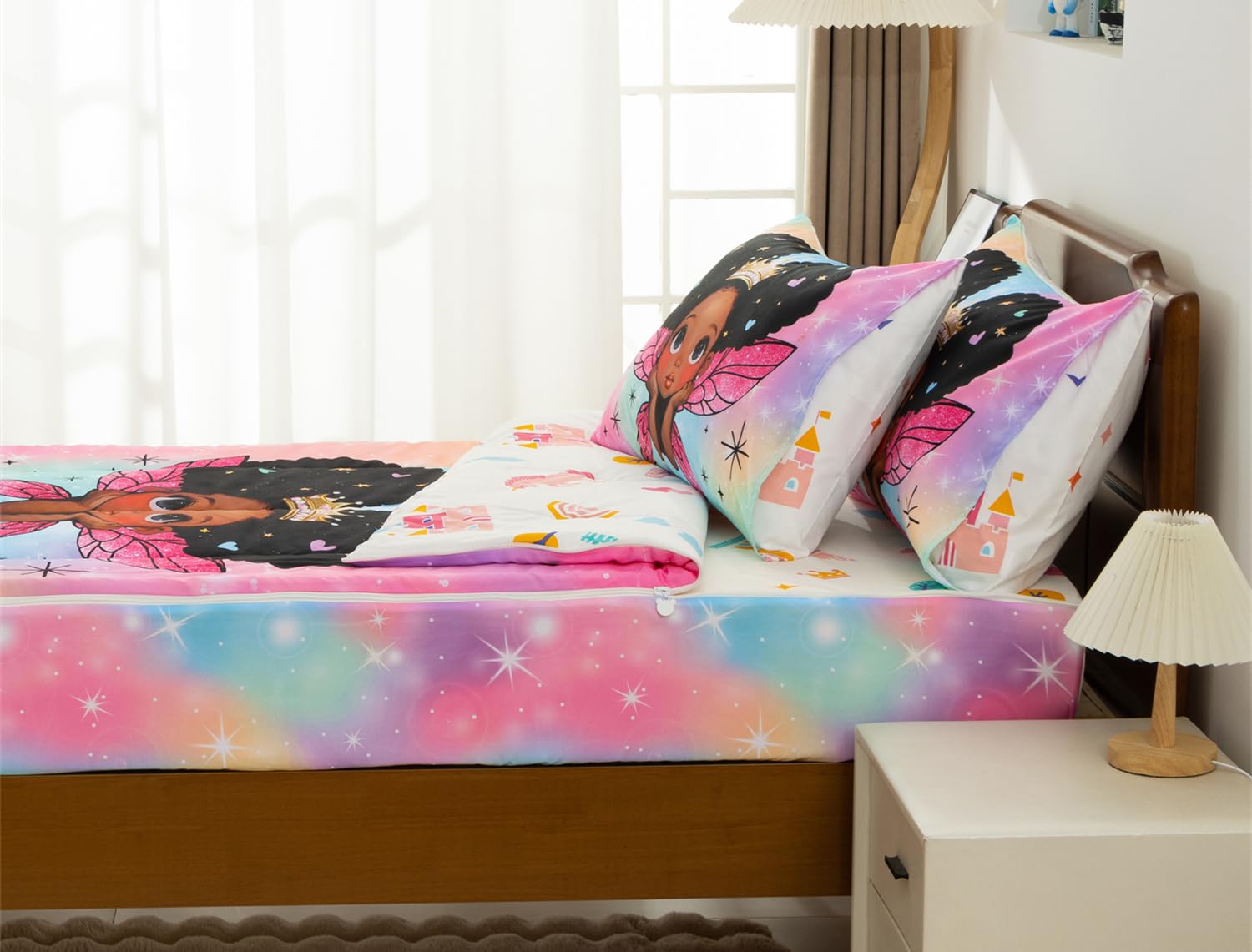 Bedding for Black Girl Princess with Wings Zippered Comforter Set,Pink Gradient