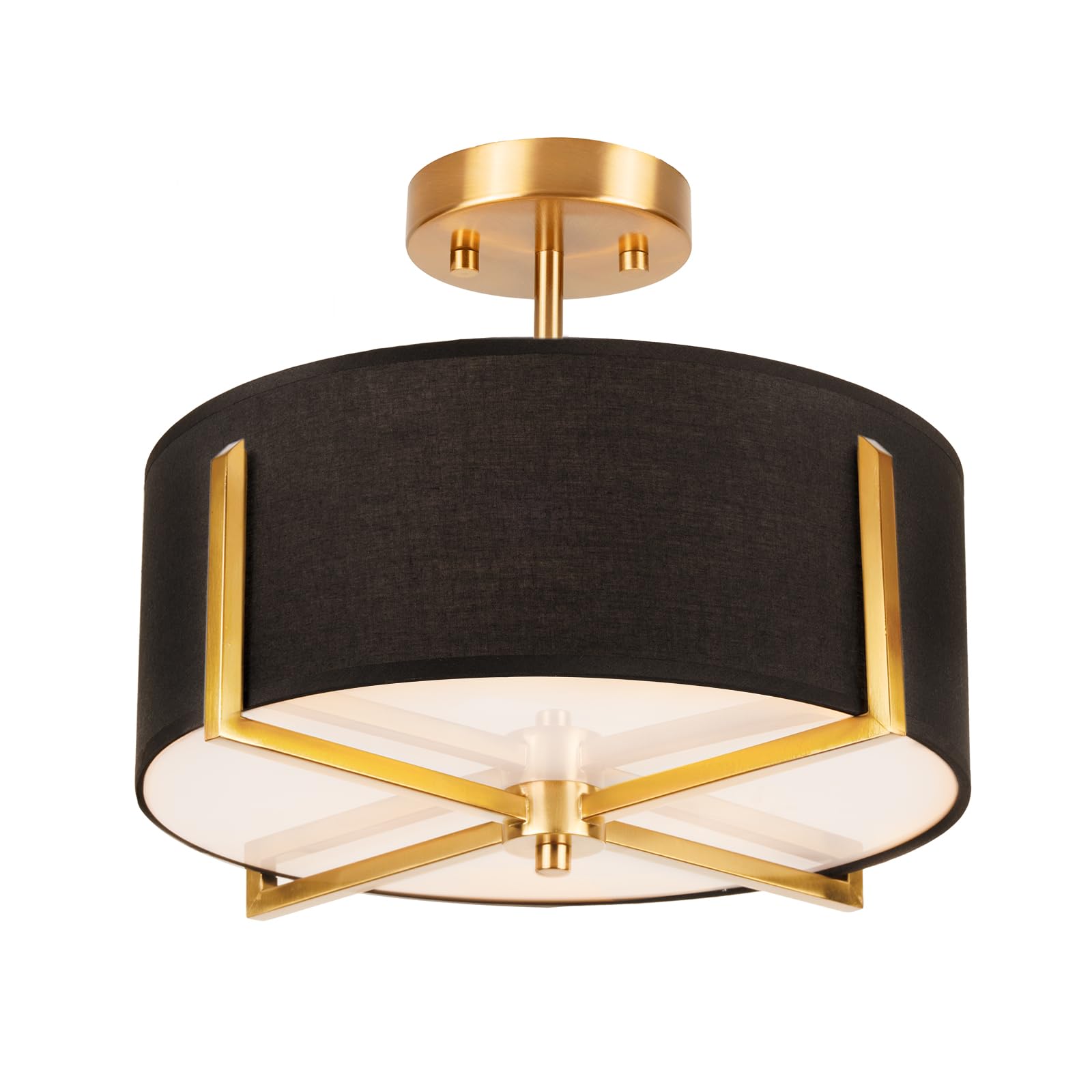 Semi Flush Mount Ceiling Light Fixture, 13.7" Gold Drum Light with Black Fabric Shade