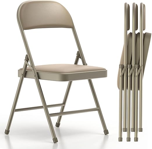 4 Pack Folding Chairs with Padded Cushion and Back, Khaki Metal Chairs
