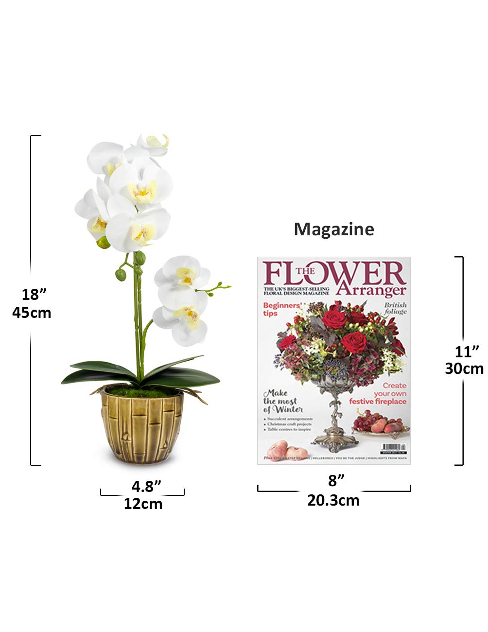Realistic Orchid Artificial Flower Arrangement with Bamboo Ceramic Pot, White