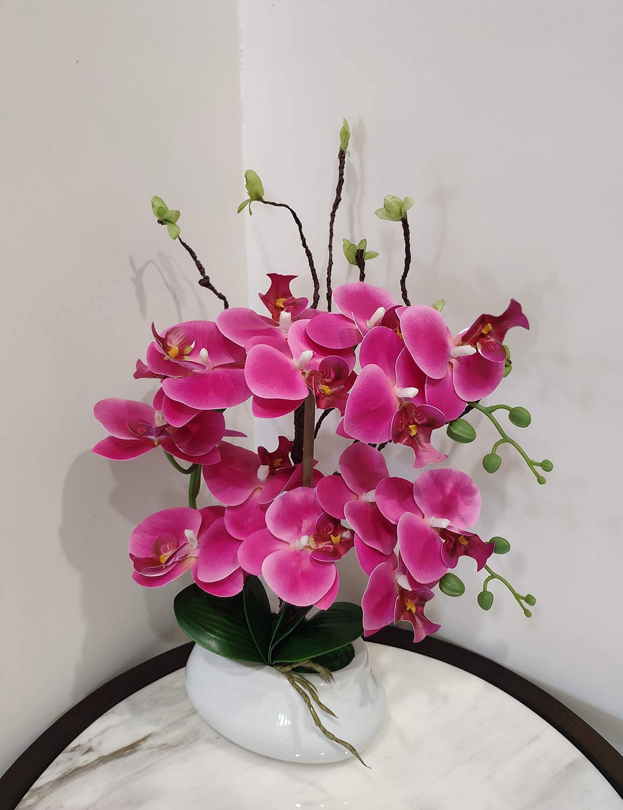 Artificial Orchid Plants and Flowers with Vase, Fake Faux Orchid in Ceramic Pot,17”, Fuchsia